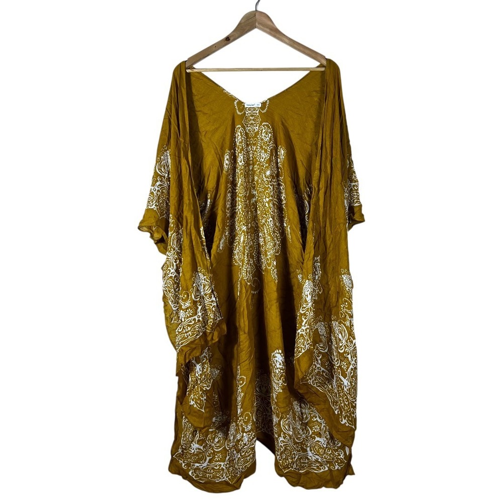 Breezy Lane Kaftan Medallion Paisley Cover Up Mustard Yellow Boho Resort Size OS